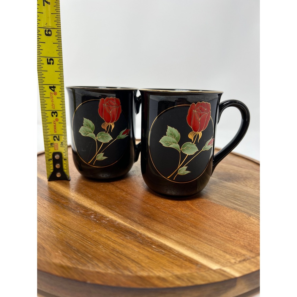 Goryu Rose Japan Black Mug Set Red Rose Gold Trim Coffee Tea Cup Pair - Picture 9 of 10